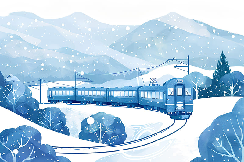 雪国を走る電車 無料イラスト素材　自然・風景